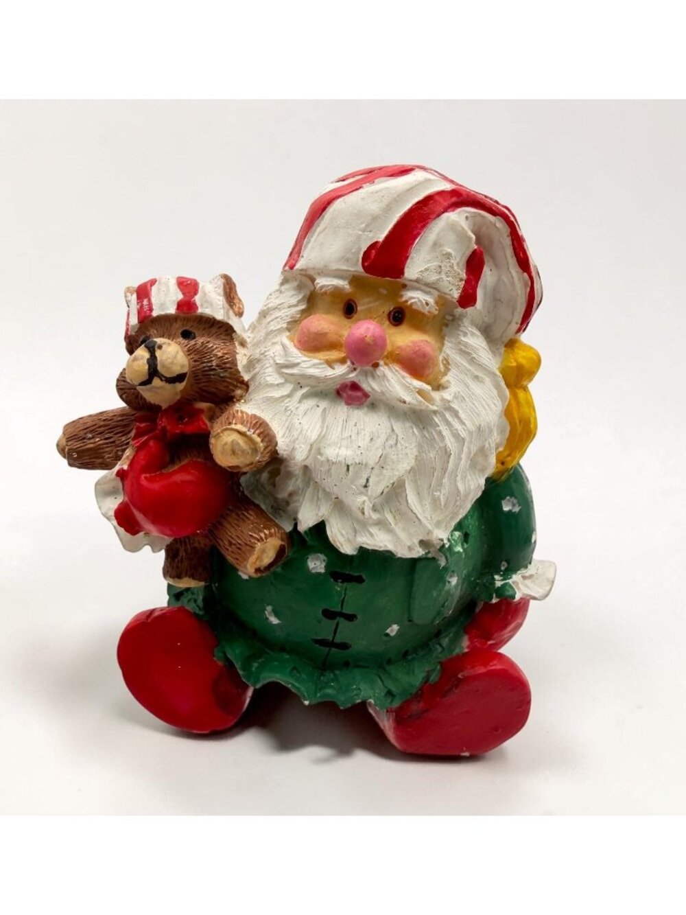 Bed Time Sleepy Santa Claus Figurine Striped Hat Teddy Bear Holiday Festive